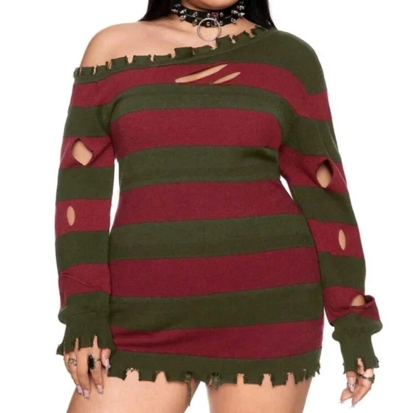 NWT Striped Off-Shoulder Freddy Krueger Inspired Striped Sweater Dress 🖤 - Picture 6 of 9